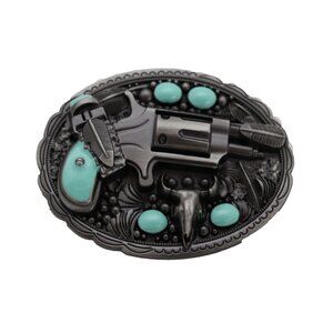 Men Western Buckle Dark Silver Color Metal Revolver Gun Feather Bull Turquoise